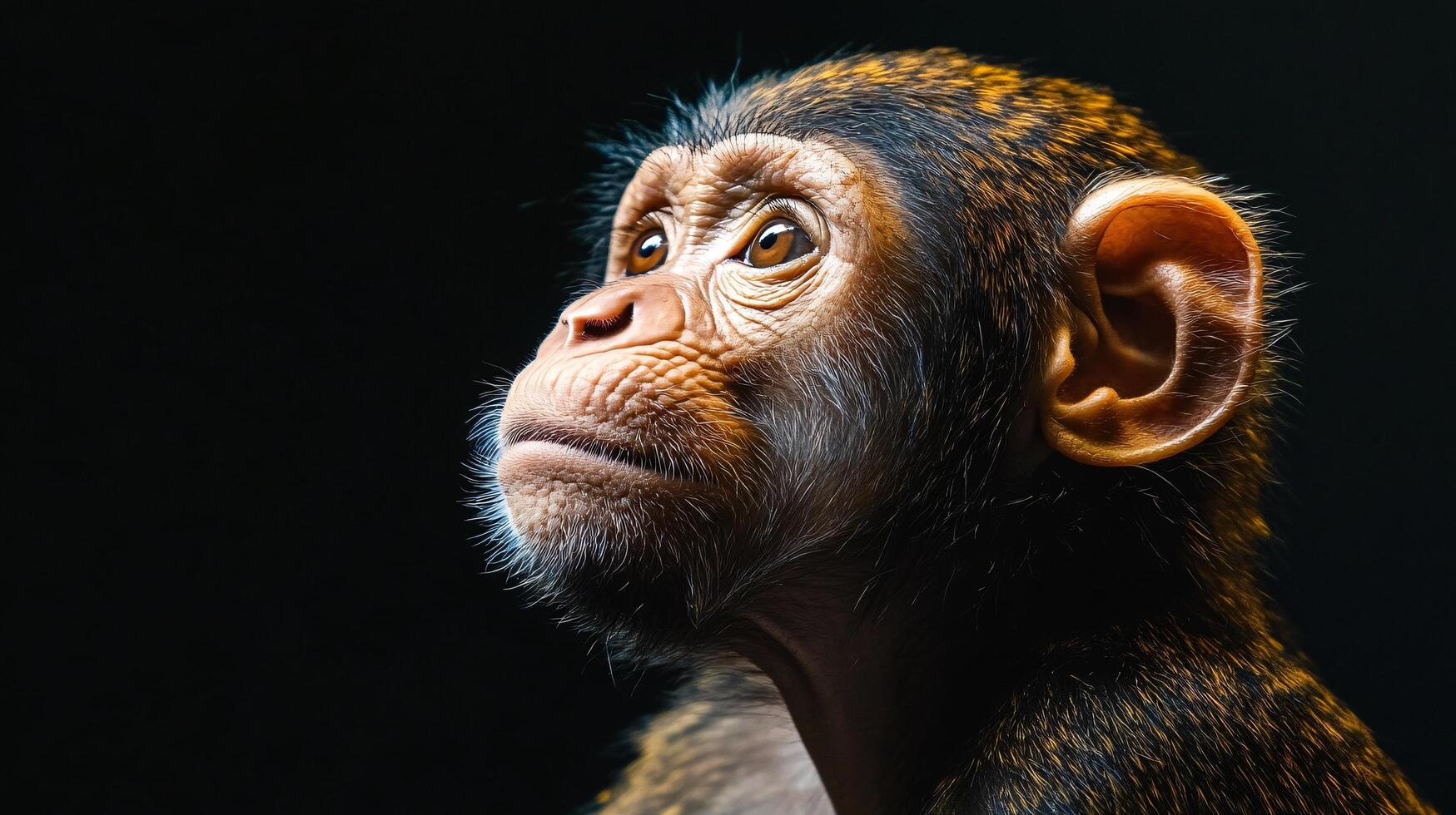 Profile of a thoughtful chimpanzee gazing forward photo