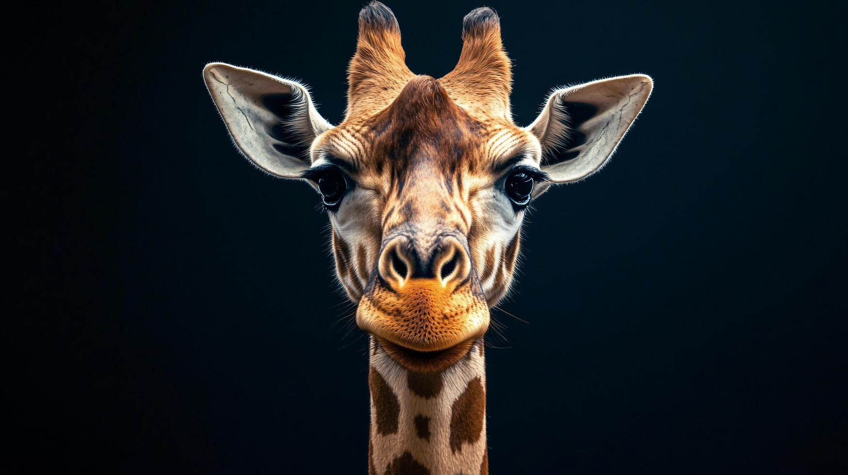 Giraffe facing directly with dark background studio photo