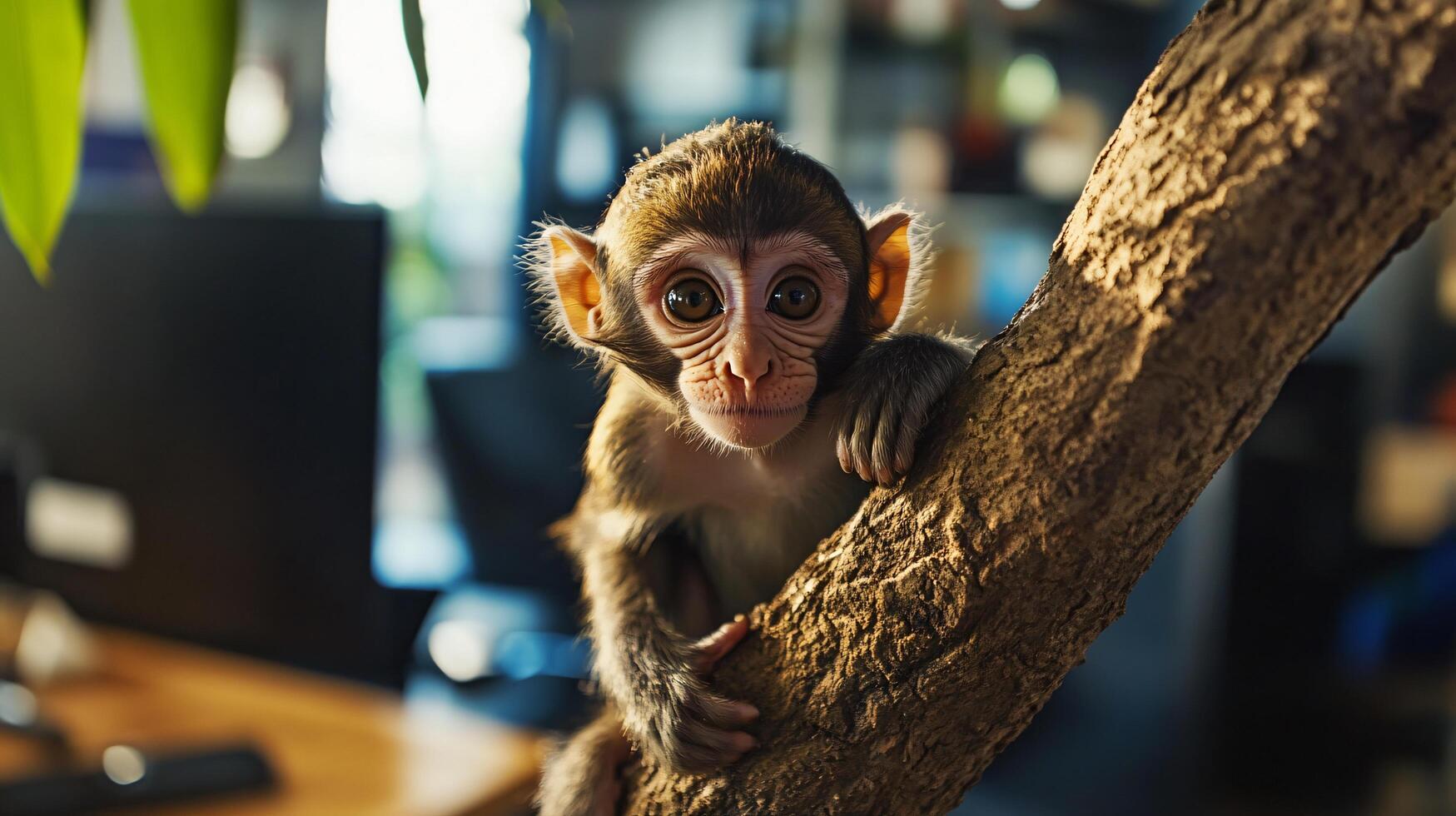 Cute baby monkey holding onto tree in curiosity photo