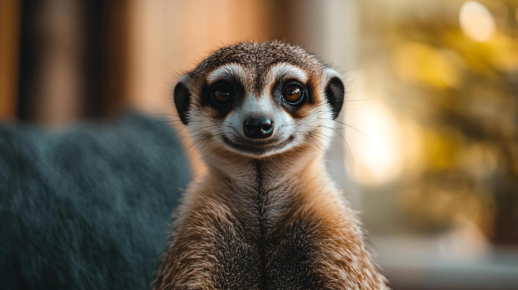 Smiling meerkat against soft, blurred background. photo
