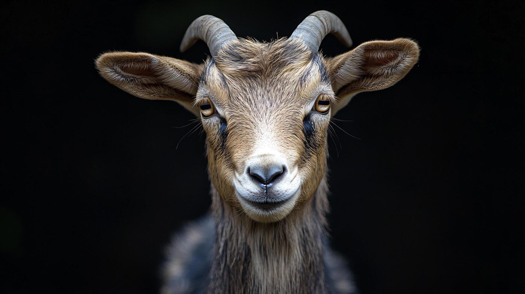 Expressive face of a goat with smooth brown fur photo