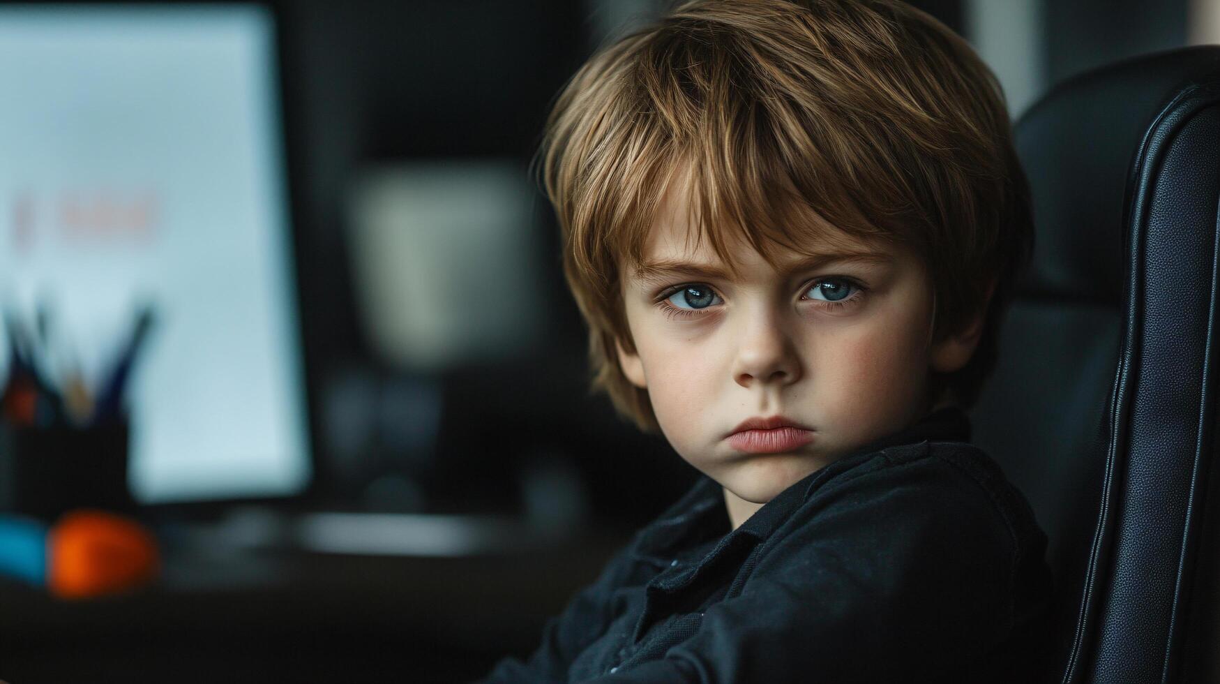 Young boy with intense expression in dark setting. photo