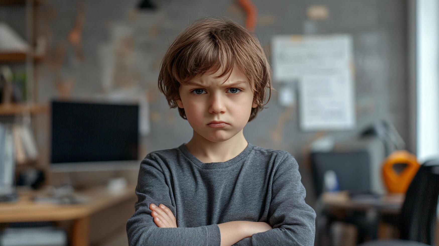 Serious boy staring with crossed arms in soft focus photo