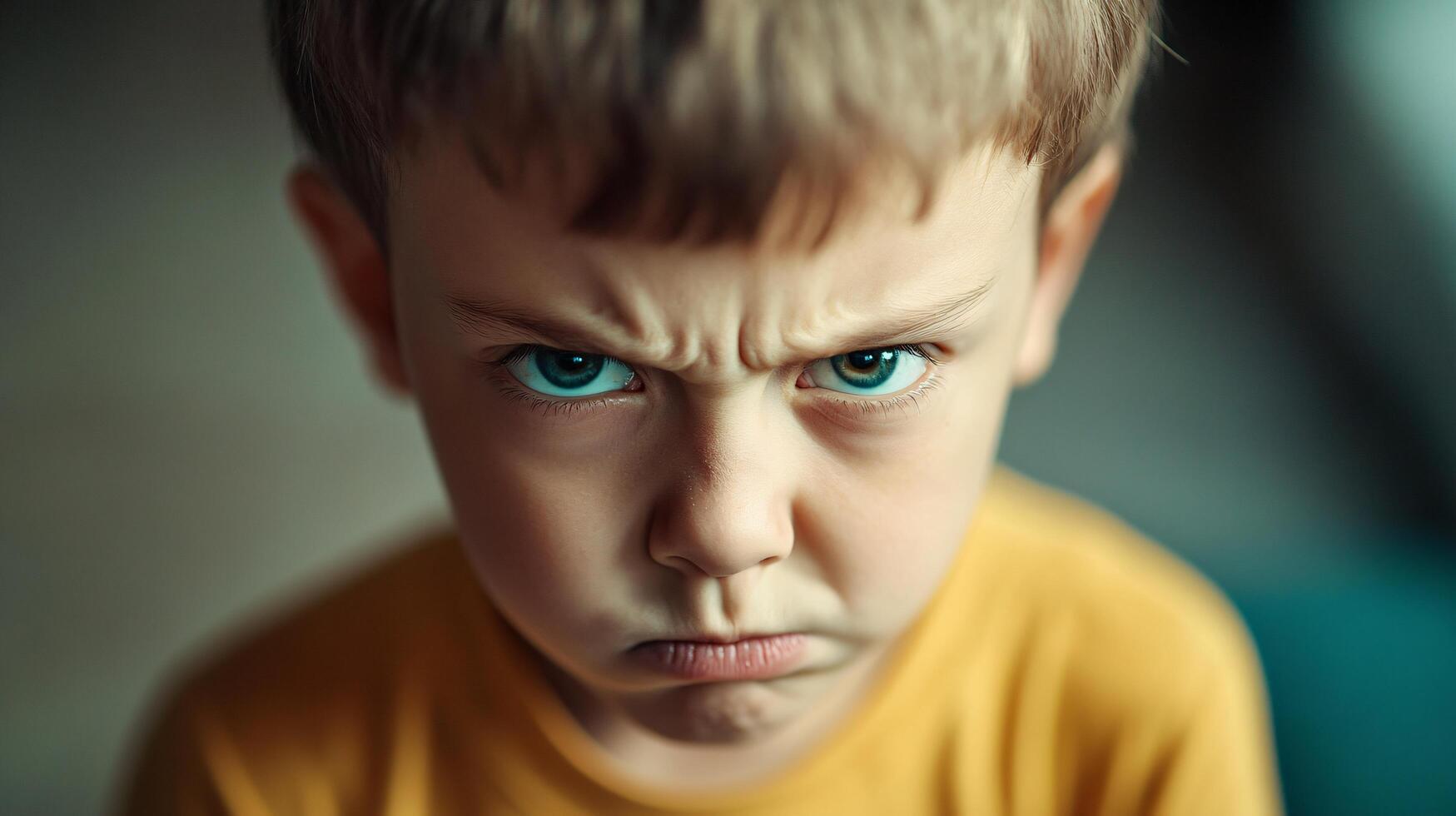 Close-up of young boy frowning in an orange shirt. photo