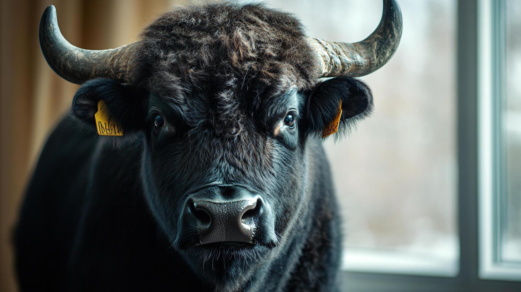 Majestic black buffalo indoors, natural light play. photo