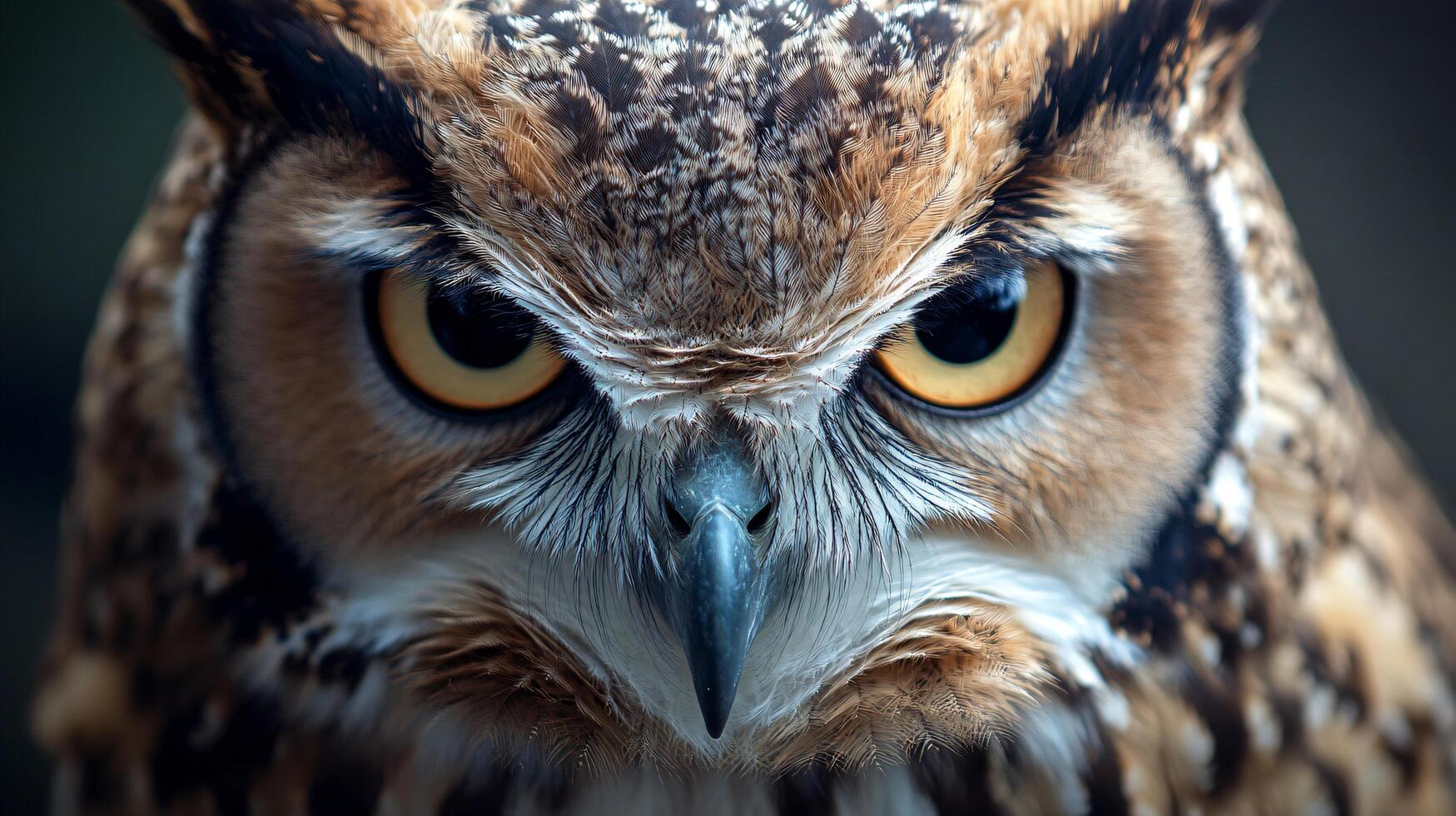 Intense owl portrait with piercing yellow eyes photo