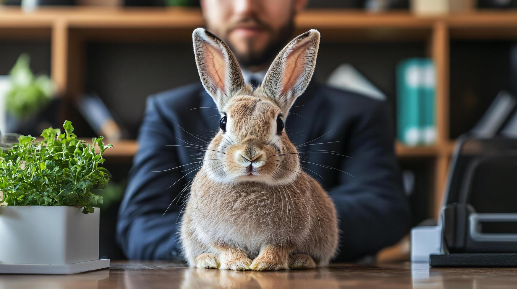 Rabbit on a desk with a suited man in the background photo