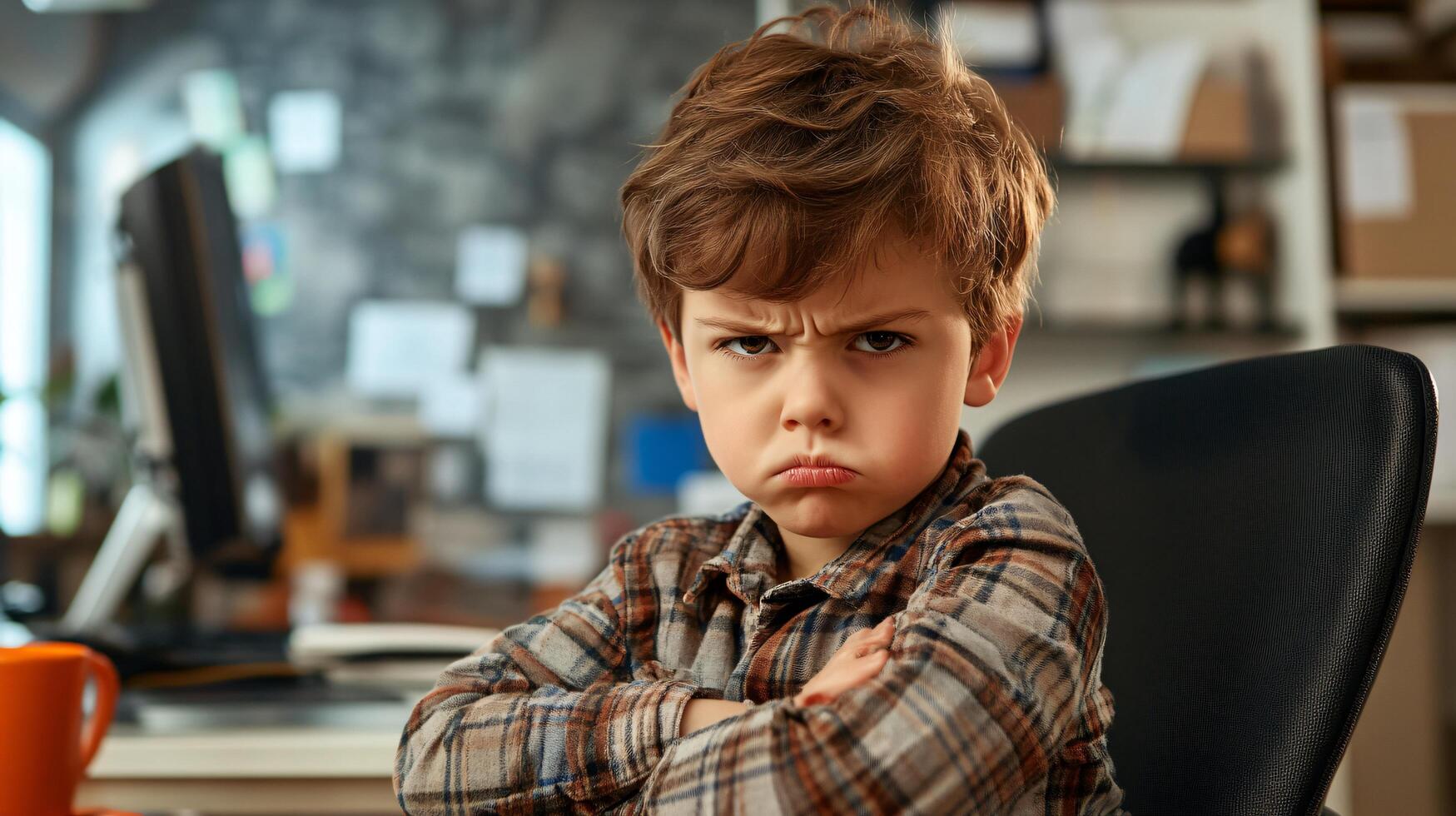 Young boy indoors looking grumpy with folded arms photo