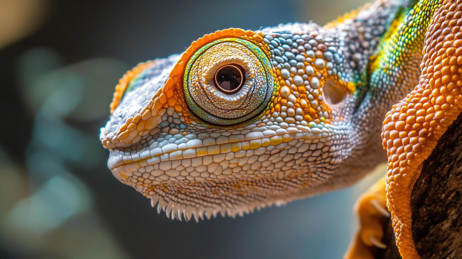 Colorful chameleon with detailed textured close-up. photo