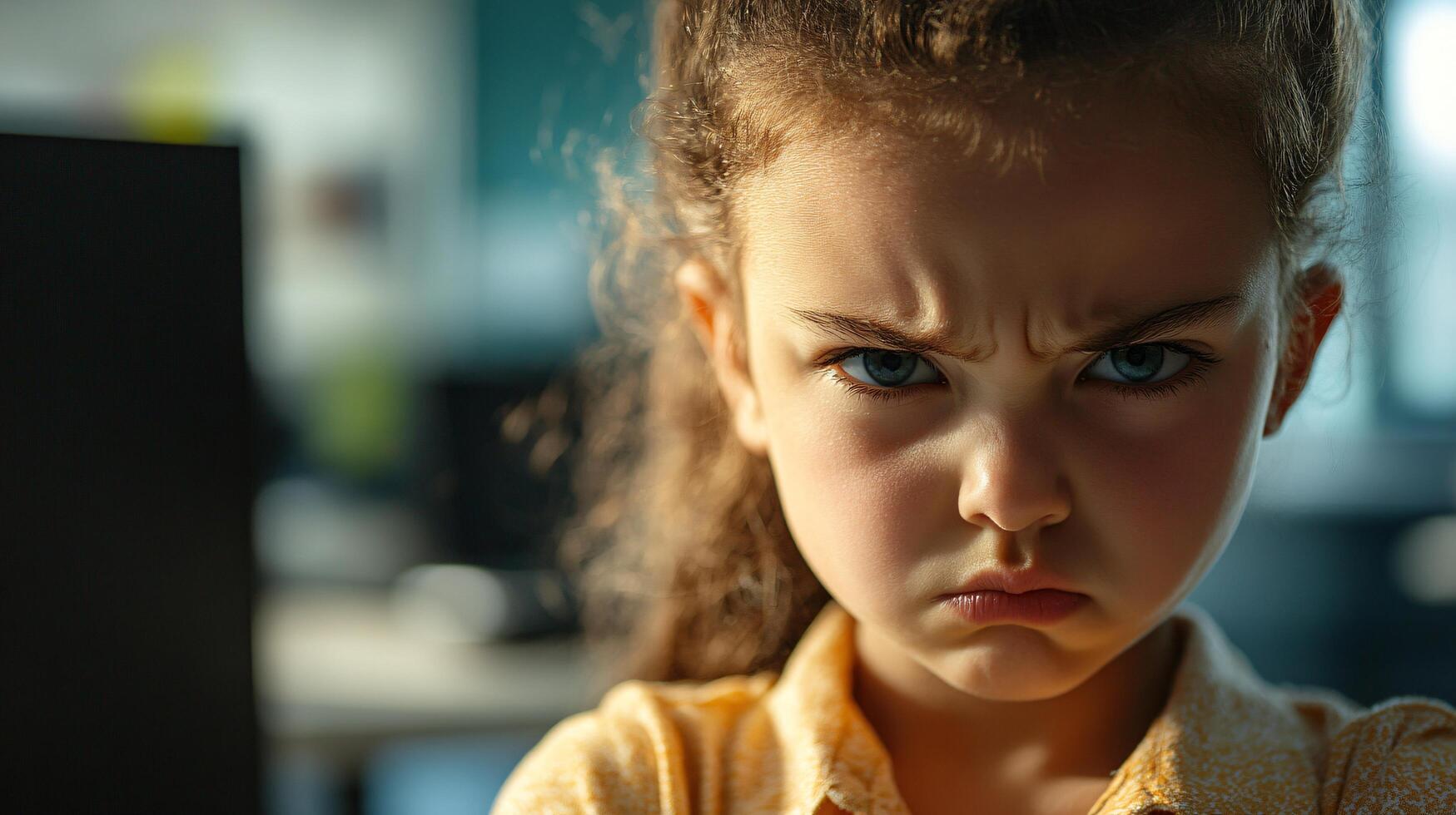 Little girl frowning with folded arms in bright light photo