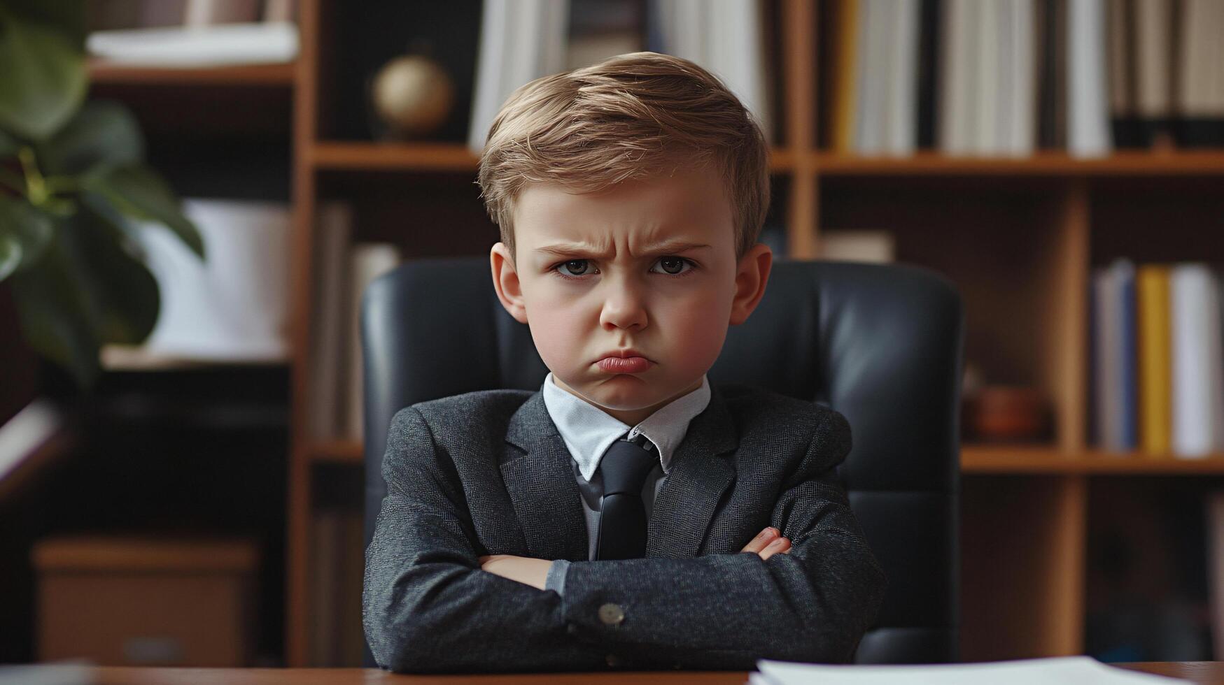 Little boy in suit expressing strong determination photo