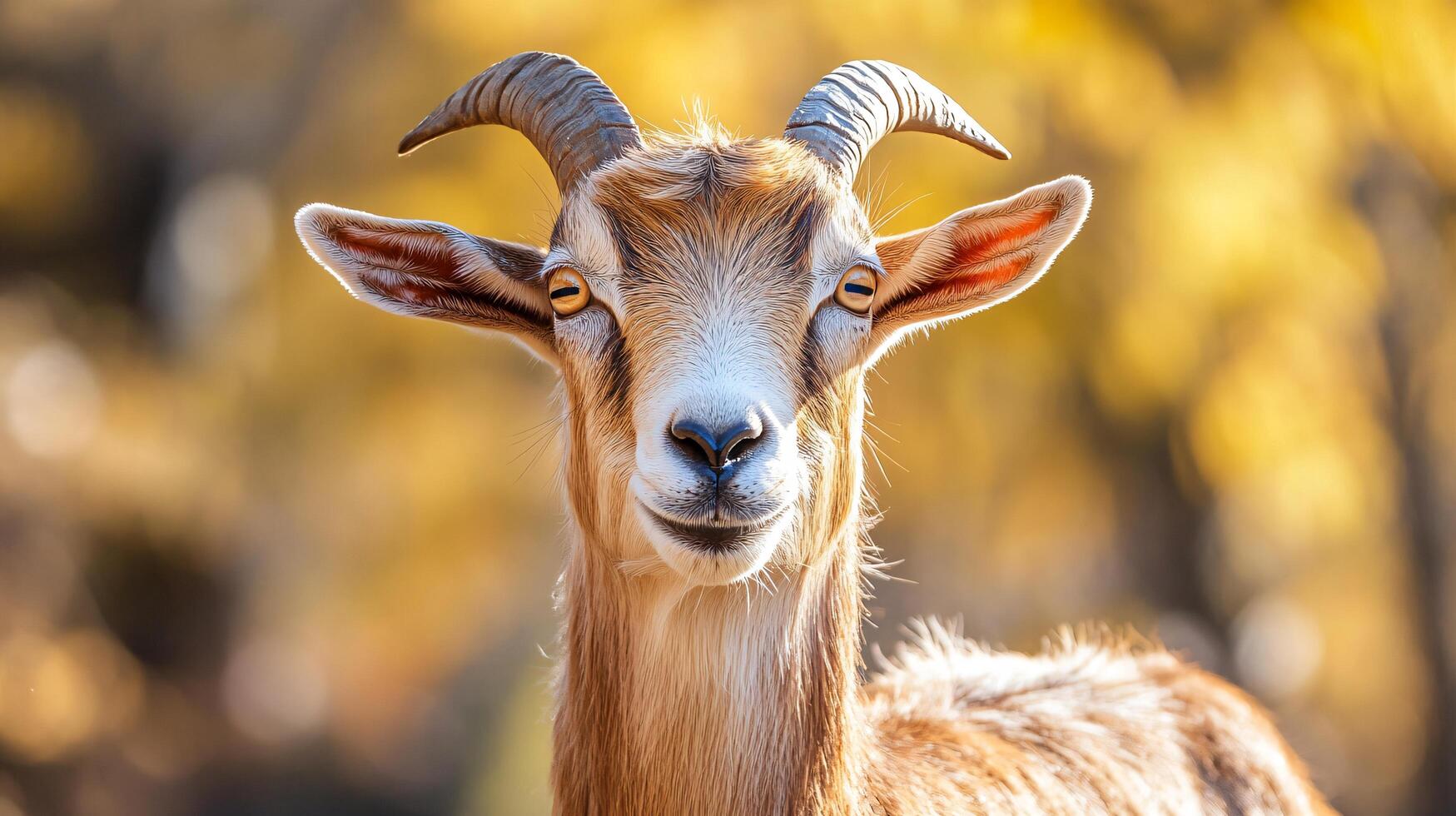 Smiling goat with horns in a sunlit pastoral setting photo