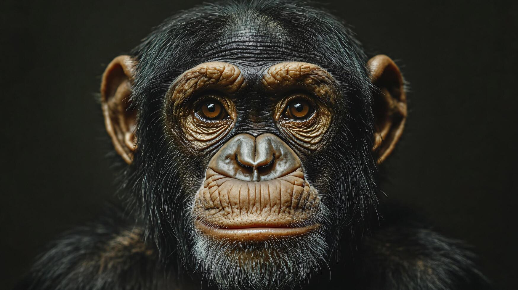 Intense chimpanzee face with deep, thoughtful eyes photo