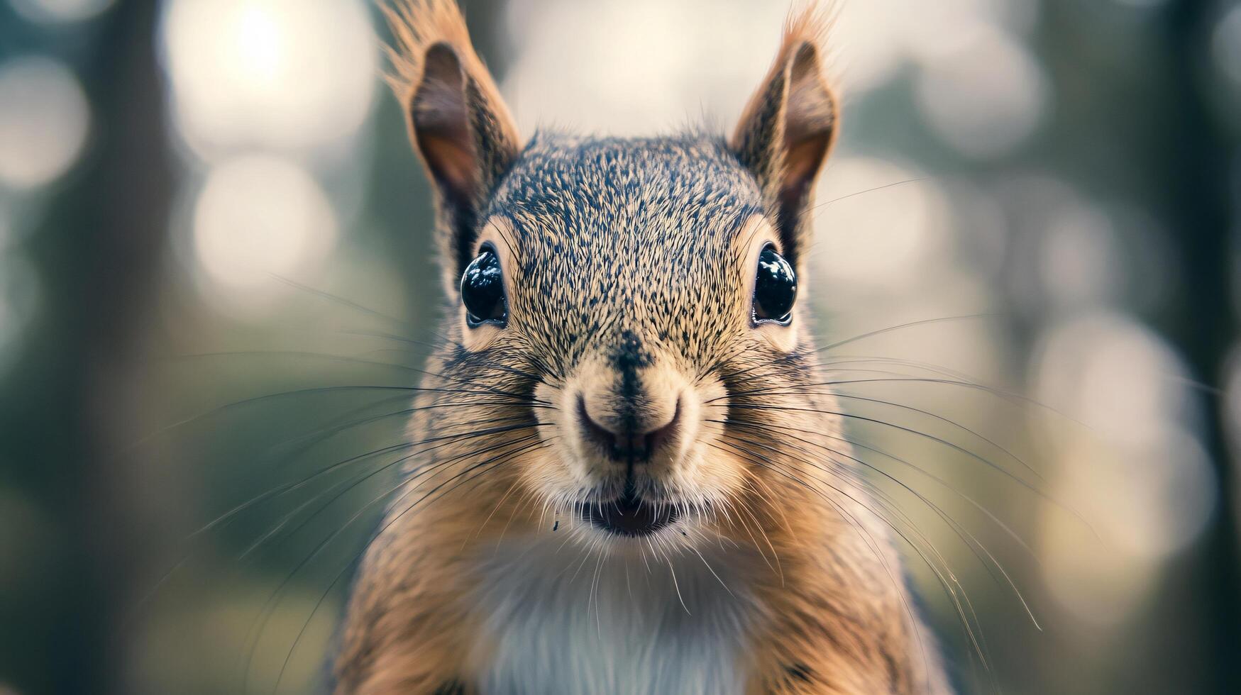 Face of squirrel with blurred forest backdrop photo
