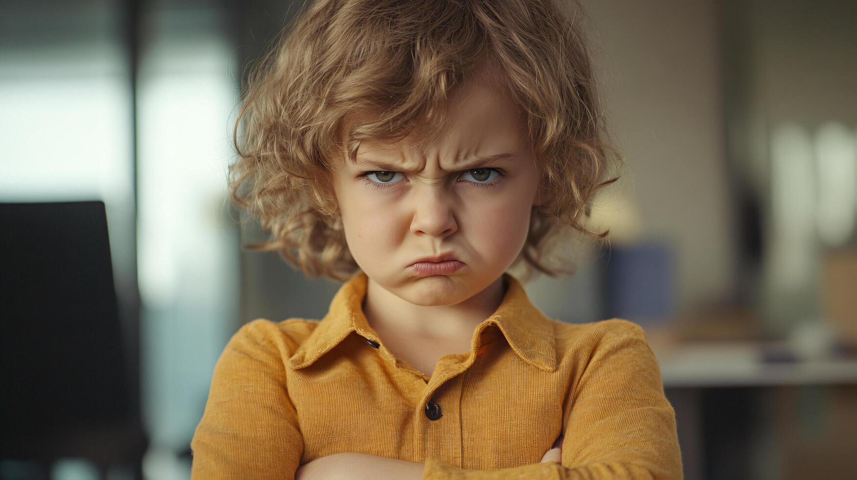 Curly-haired boy, expression of anger indoors setting photo