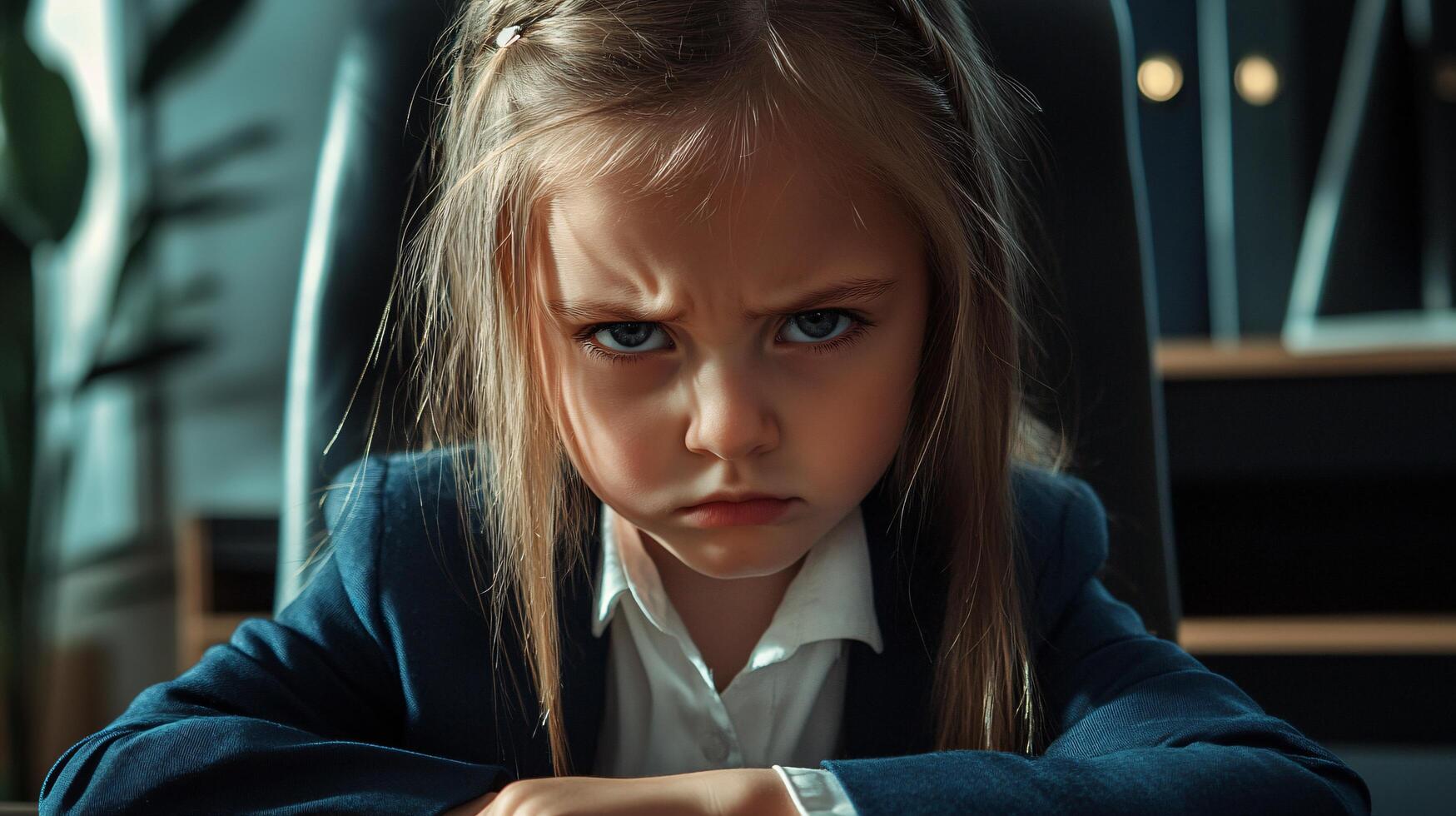 Serious schoolgirl sitting in a formal dark outfit. photo