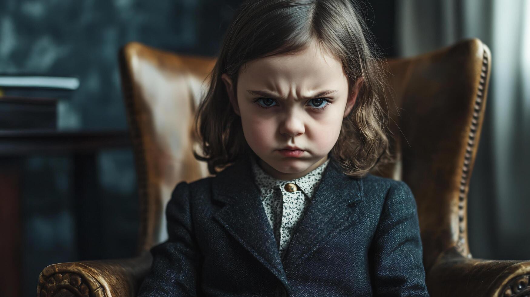 Serious young girl in chair, elegant attire focused. photo