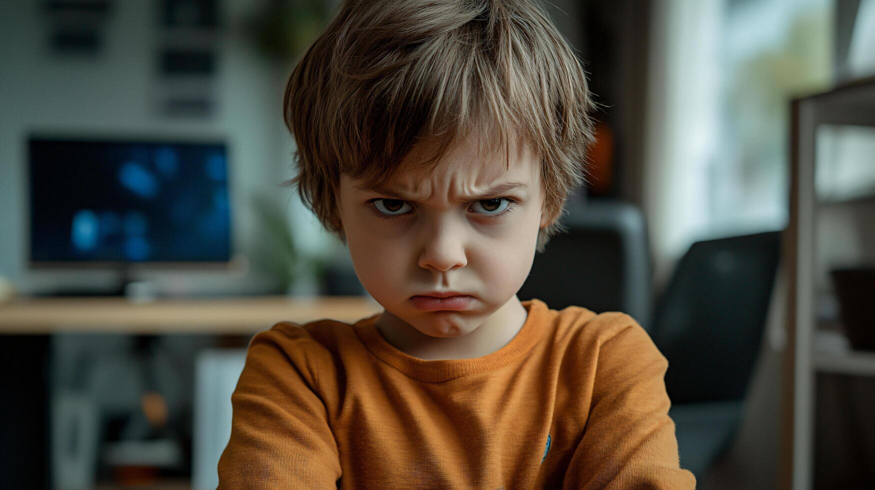Young boy with brown hair frowning in home office photo