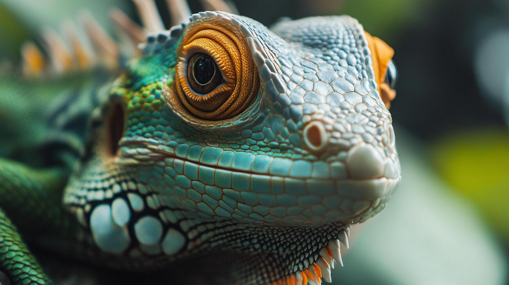 Vibrant lizard close-up with striking orange eyes. photo