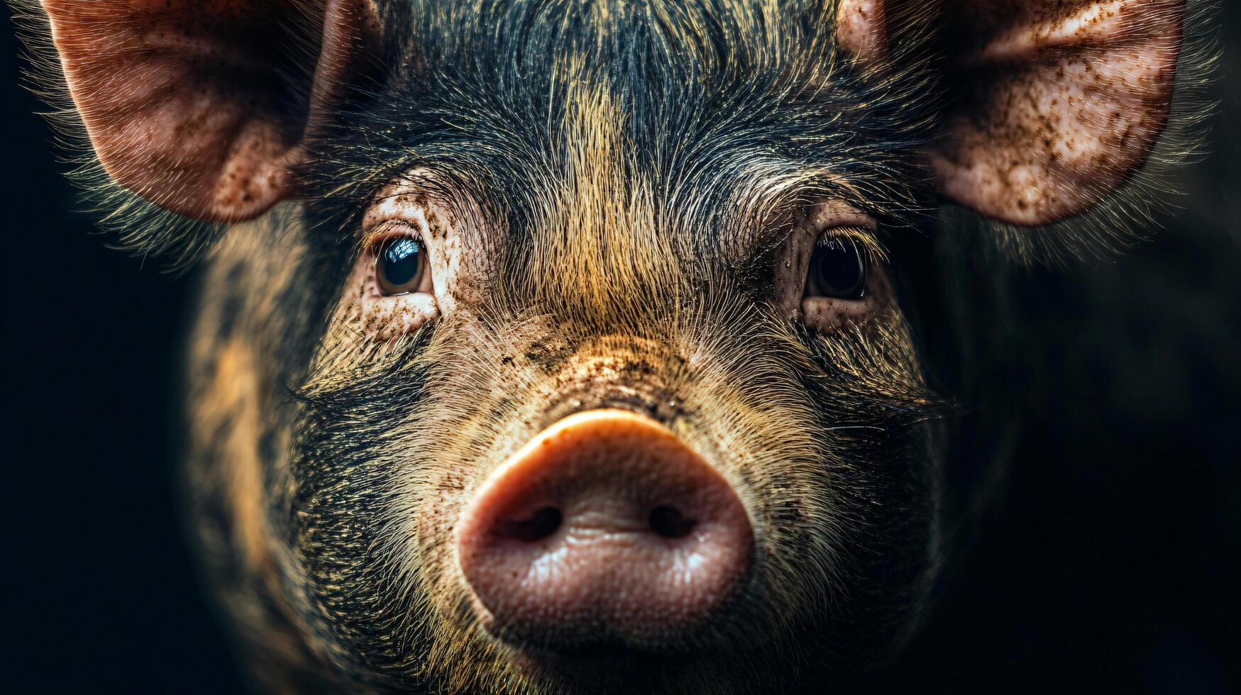 Curious pig with mottled fur and bright expression photo
