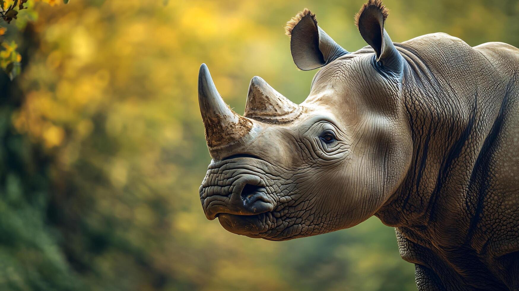 Side view of a rhino with foliage in natural habitat. photo