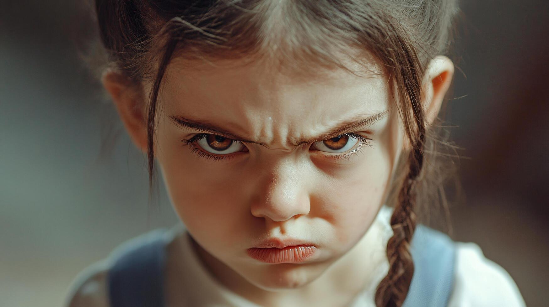 Intent girl with braid showing angry mood indoors. photo