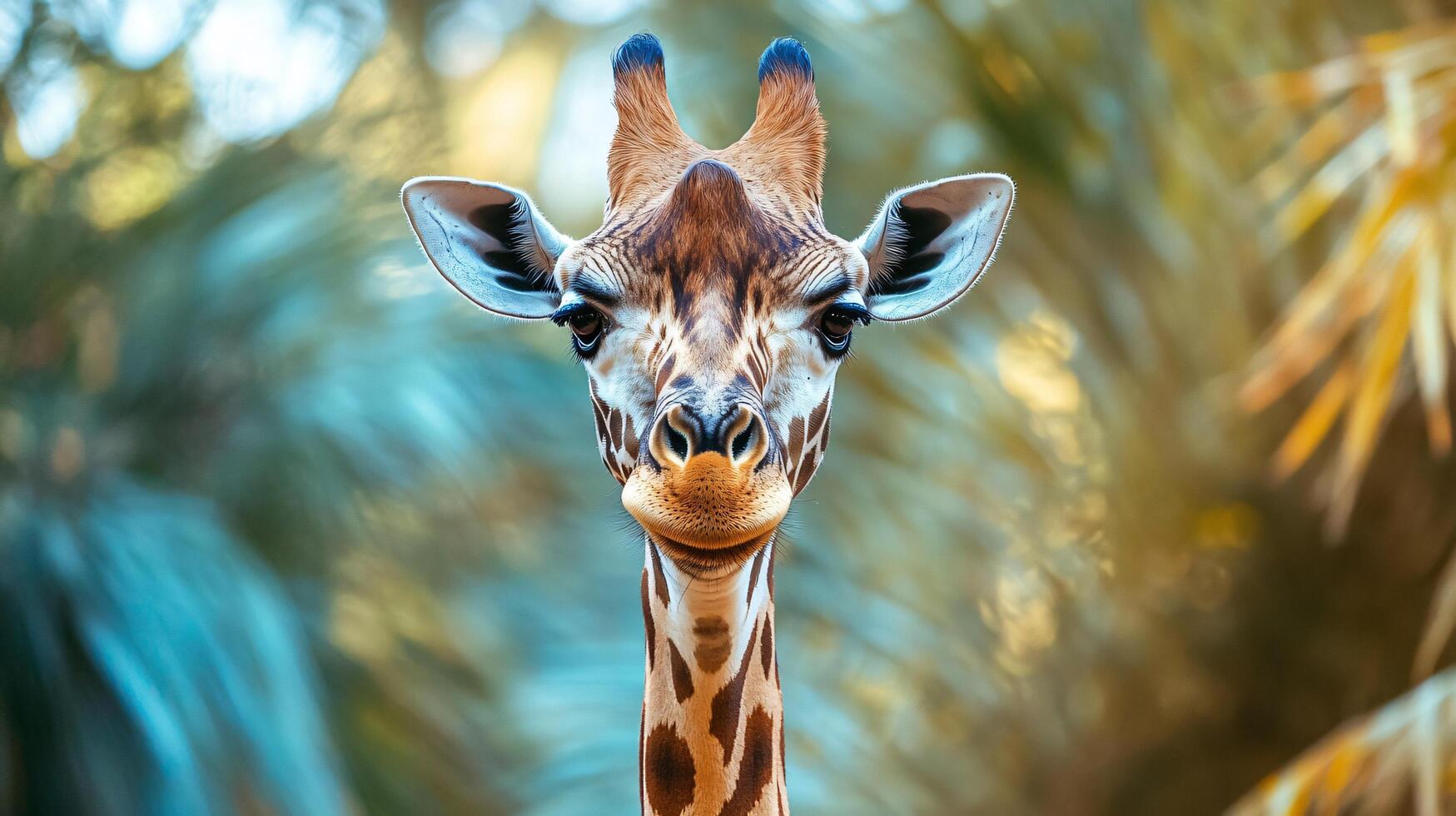 Front-view portrait of a giraffe with foliage background. photo