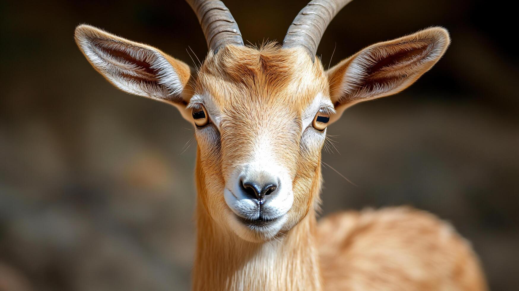 Close-up of a goat with striking eyes, neutral background photo