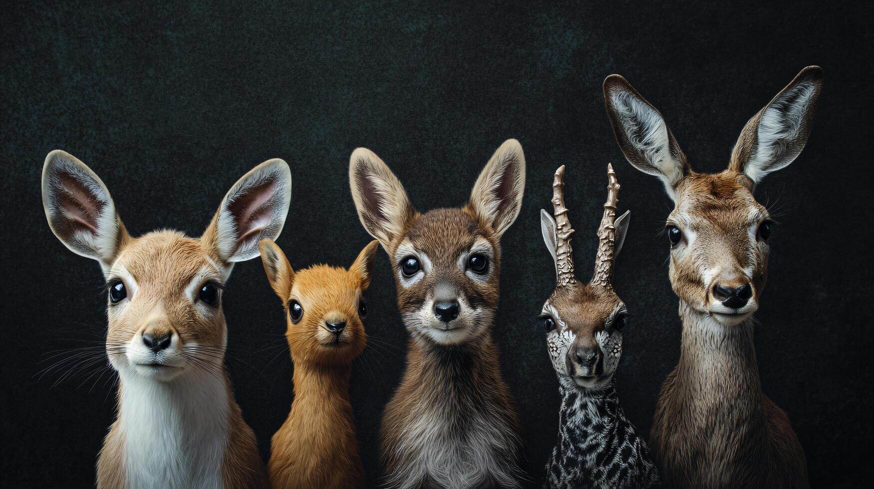 Five cute animals posing for a group photo together.