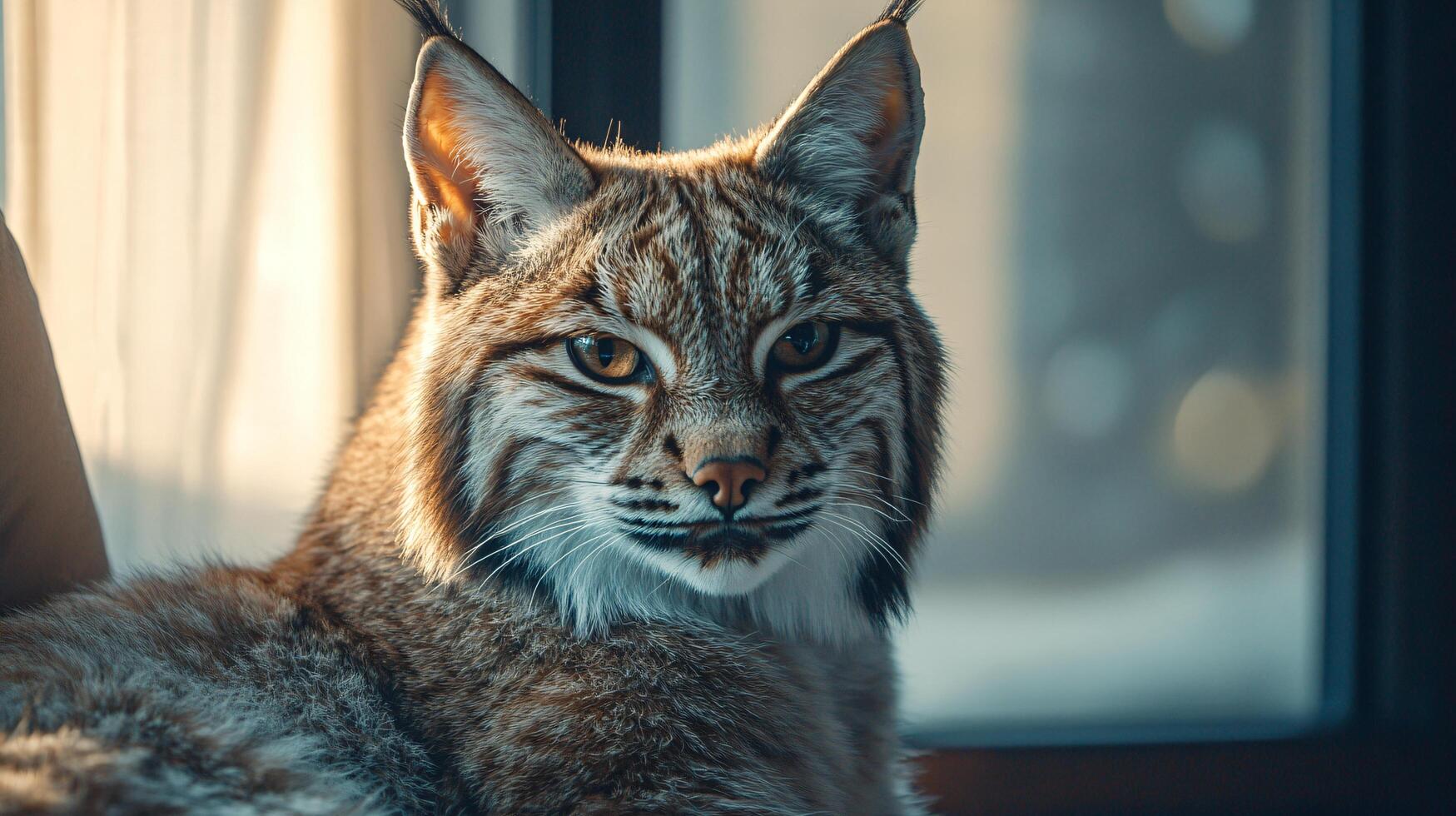 Eurasian lynx lounging in soft indoor light ambiance photo