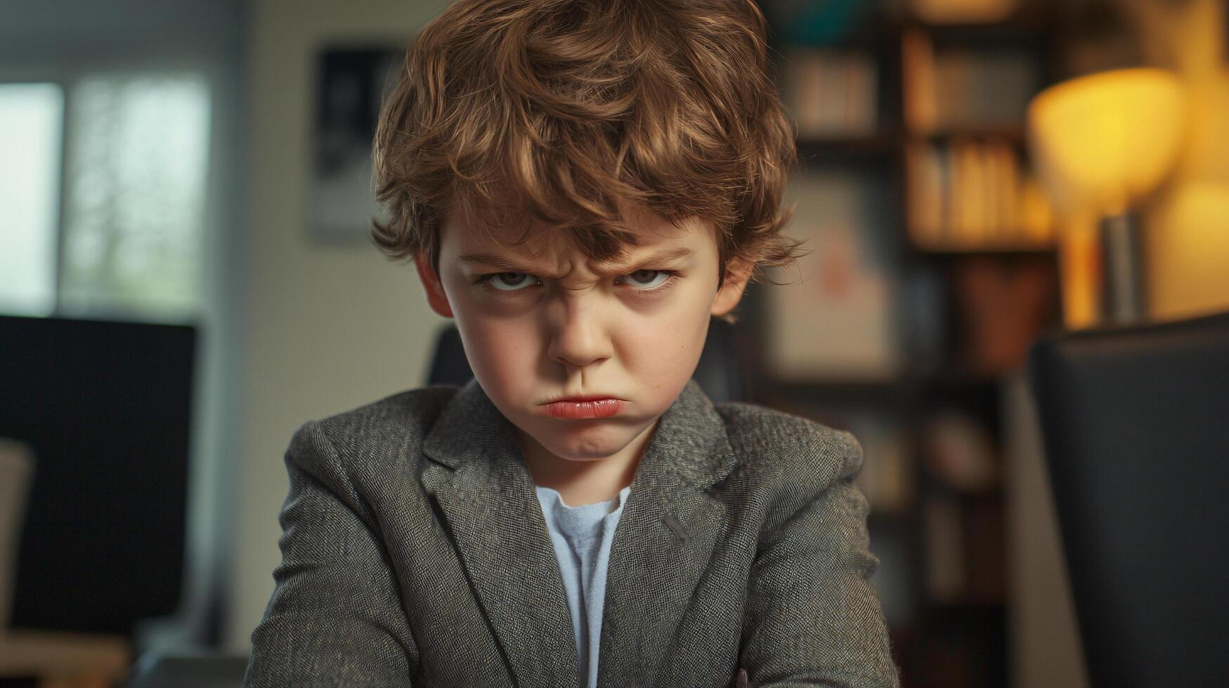 Young boy with pouty face in stylish home office. photo