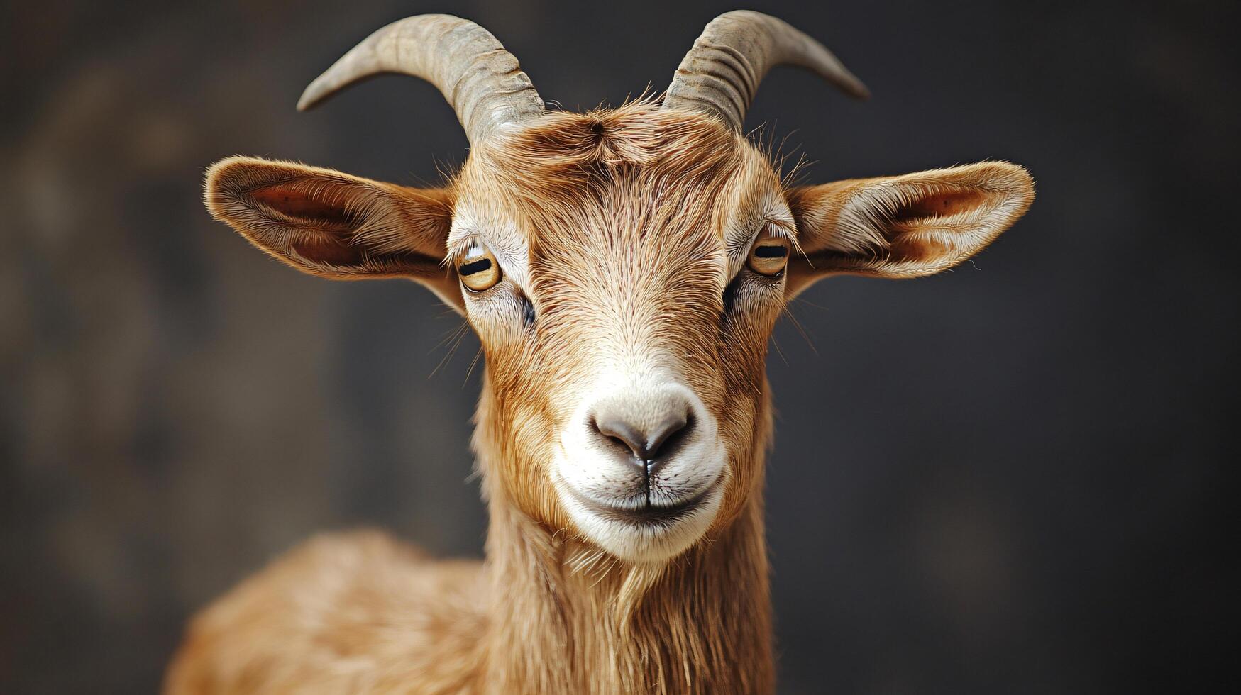 Goat with curved horns looking content and calm. photo