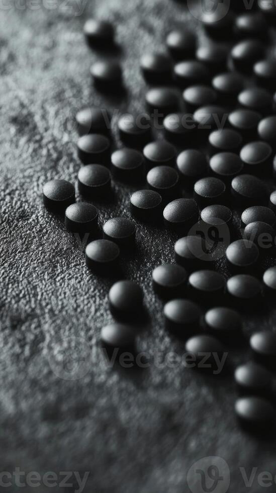 Detailed close-up view of black round pills scattered on a textured surface photo
