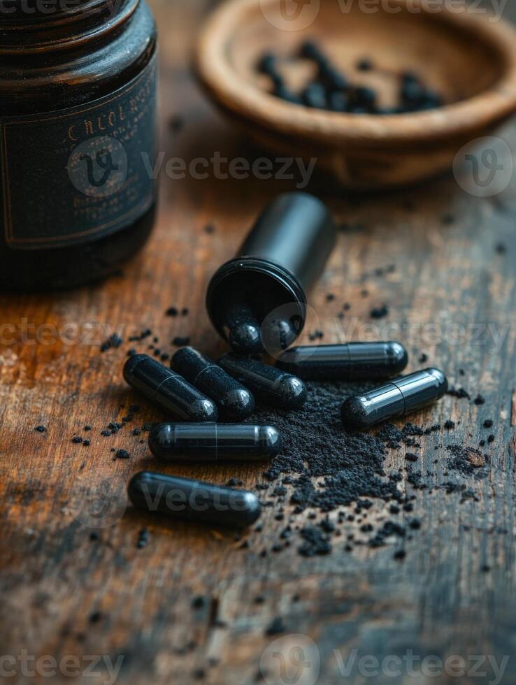 Natural health supplements laid out on a rustic wooden surface with a jar photo