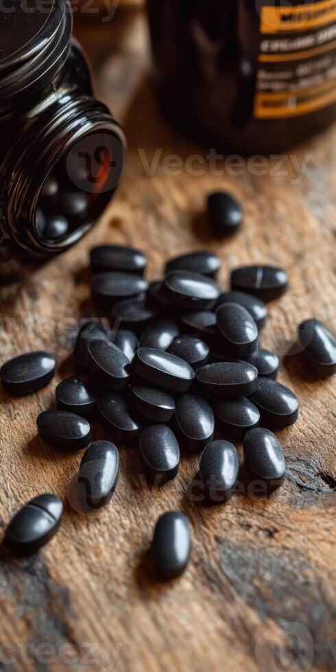 Black tablets scattered on wooden surface beside a bottle photo