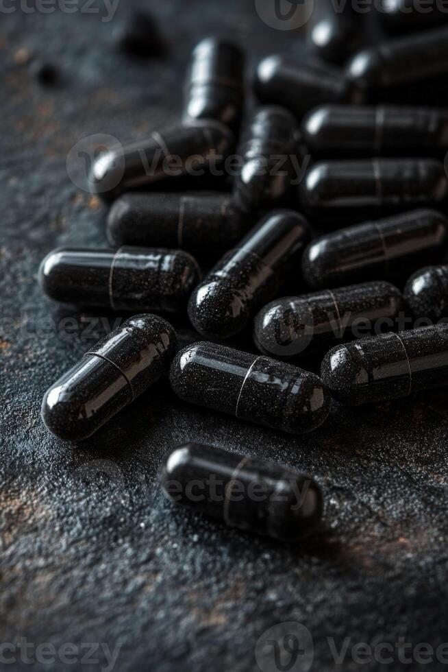 Black capsules scattered on a textured surface in a dimly lit setting photo