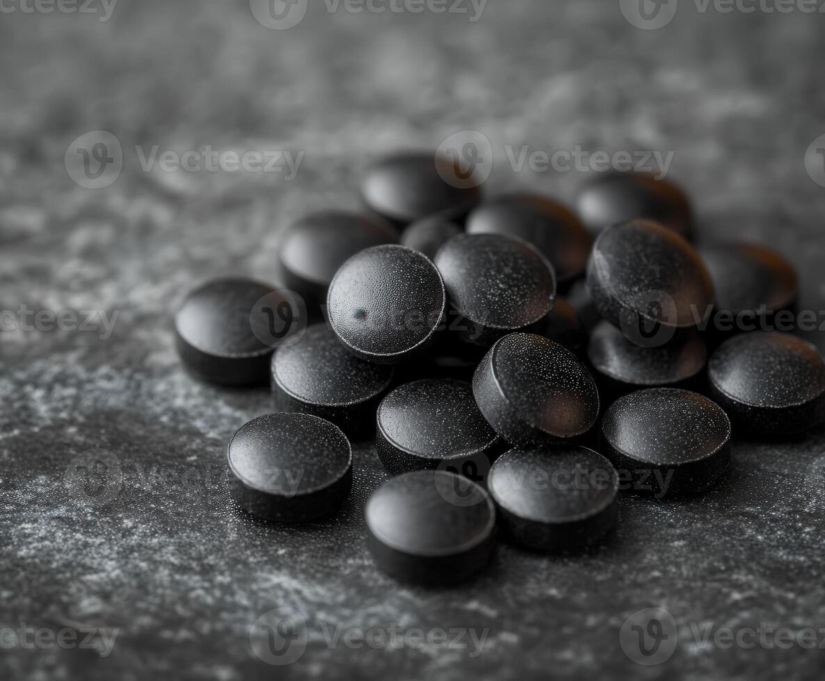 Health supplements stacked on a dark surface with soft shadows and textures photo