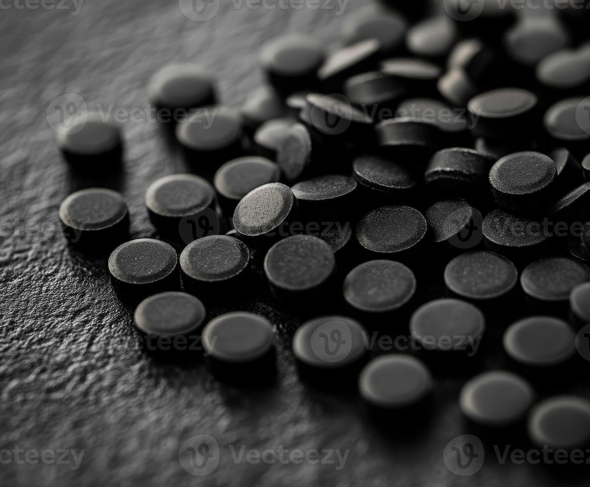 Black circular tablets arranged on a textured surface in a close-up view photo