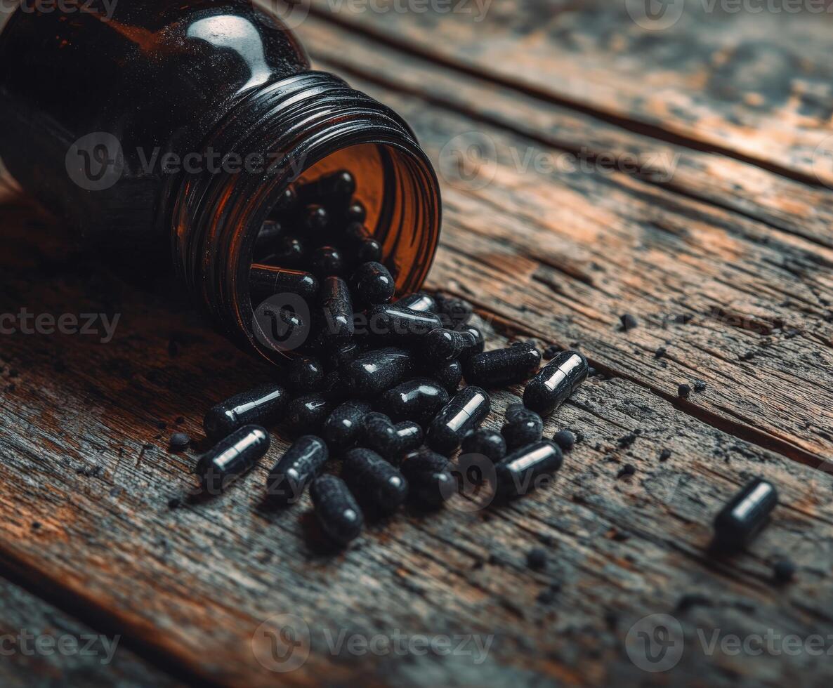 Black capsules spilled from a dark bottle on a rustic wooden surface photo