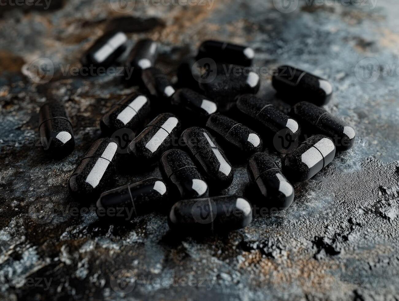 Black capsules scattered on a textured surface in natural light photo
