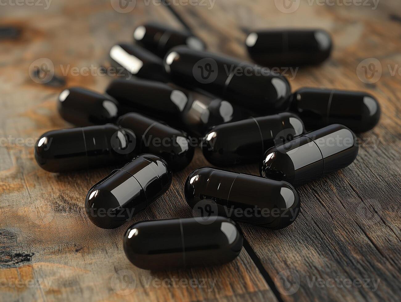 Black capsules scattered on a wooden surface in a natural setting photo