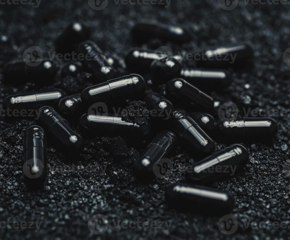 Black capsules scattered on a dark textured surface during evening light photo