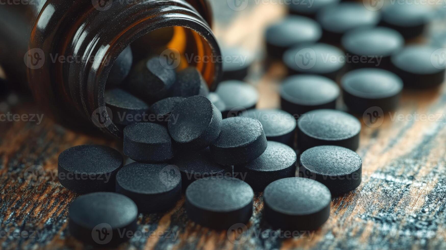 Black tablets spill from brown bottle on wooden surface in natural light photo