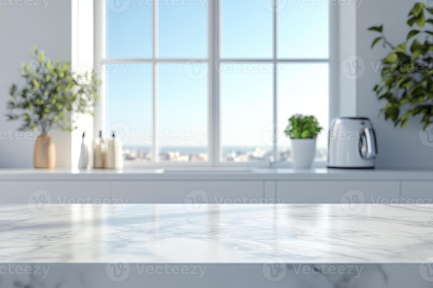 Bright kitchen countertop with marble surface and city view in background photo