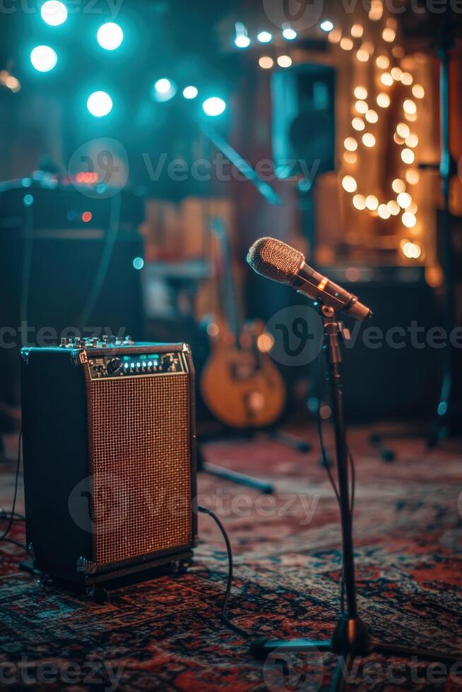 Live music setup features microphone and amplifier in cozy venue atmosphere photo