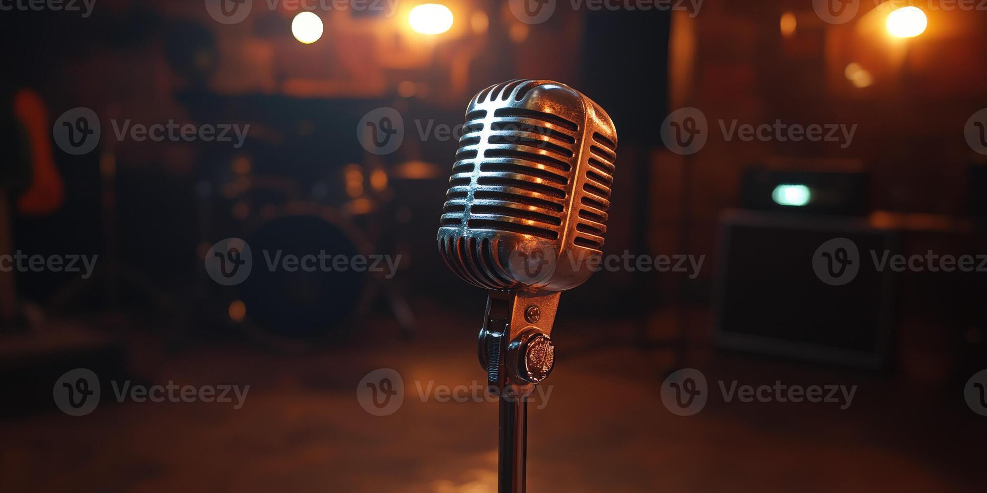 Classic microphone ready for performance in a dimly lit venue photo