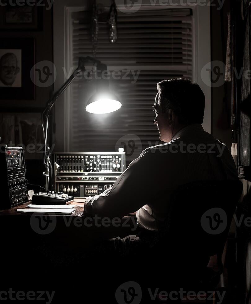 Man working late at night in a dimly lit room, focused on tasks photo