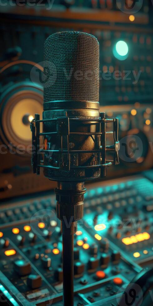 Microphone stands in recording studio with colorful lights and equipment photo