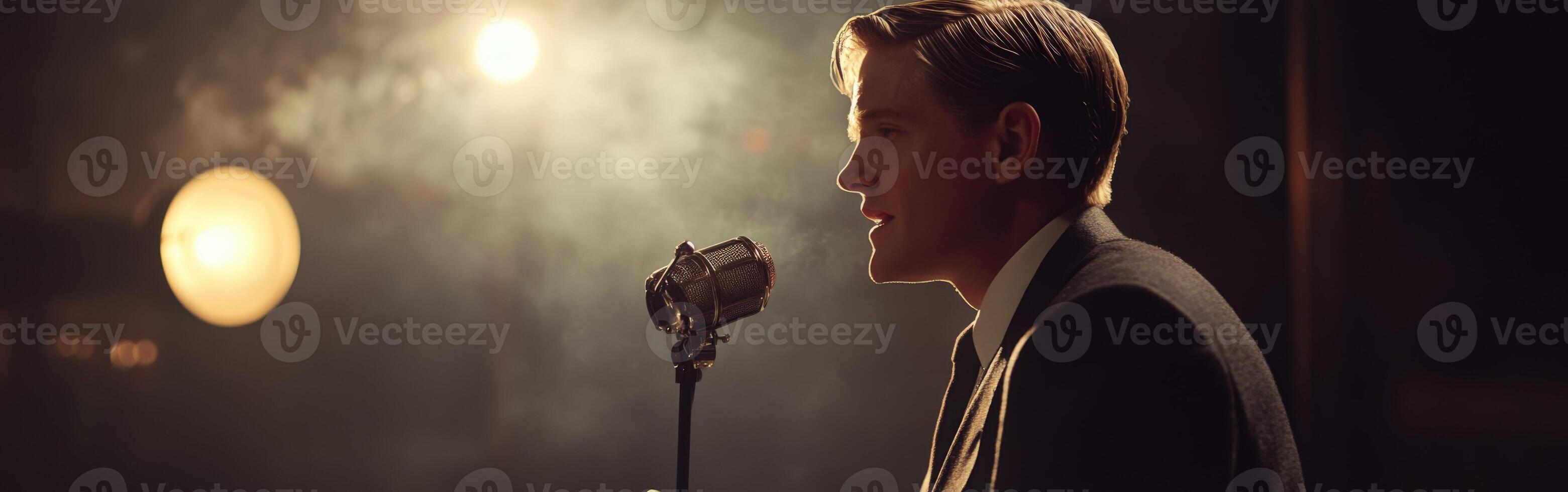 Singer passionately performs on stage with vintage vibes and dramatic lighting photo