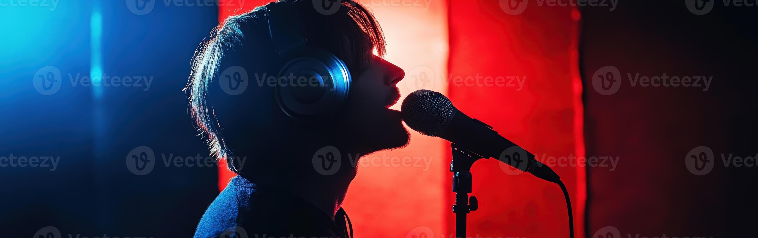 Young singer performing passionately in colorful studio setting at night photo